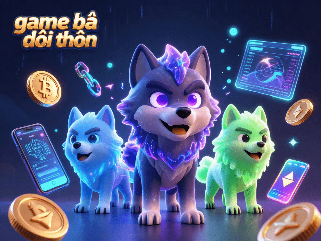 Experience thrilling game bài đổi thưởng with dynamic characters and vibrant crypto elements in a captivating 3D illustration.