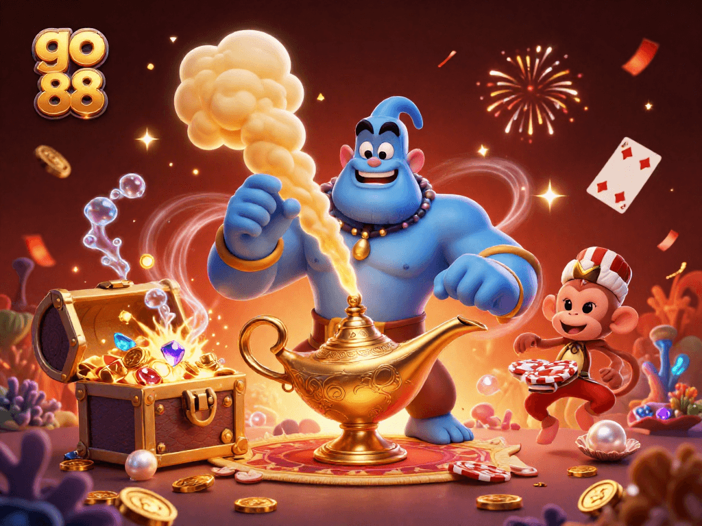Experience the excitement of go 88 with this dynamic casino-themed 3D illustration featuring vibrant characters and magical elements.