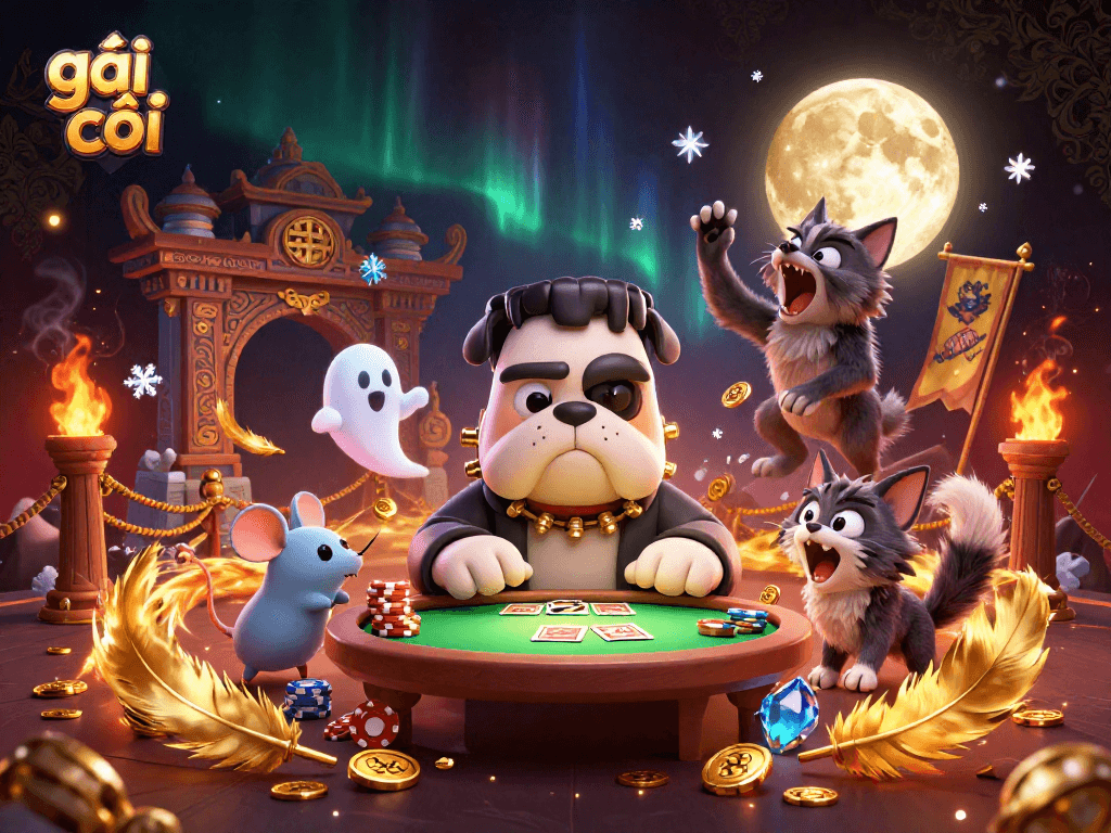 Engaging scene with a 3D cartoon Frankenstein bulldog monster and a ghost mouse involved in a gambling game, showcasing gái gọi.