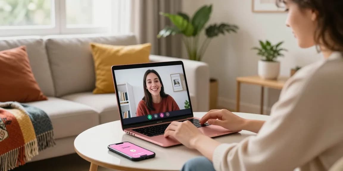 Engaging in pink video chat in a cozy living room, connecting face-to-face with a real person.