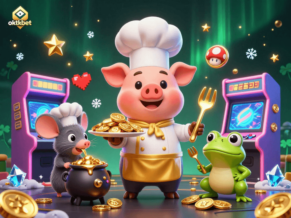 Engage with oktkbet as a chef pig serves gold coins in a vibrant 3D casino scene.