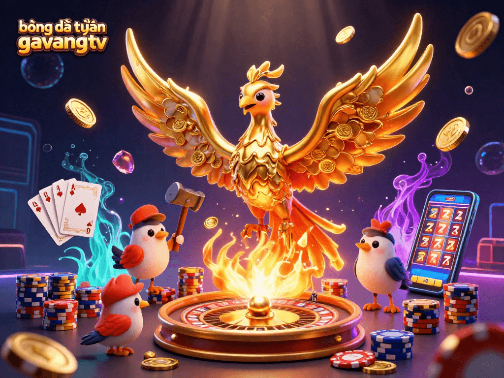 Experience bóng đá trực tuyến GavangTV with an ultra-detailed 3D illustration of golden elements and casino dynamics.