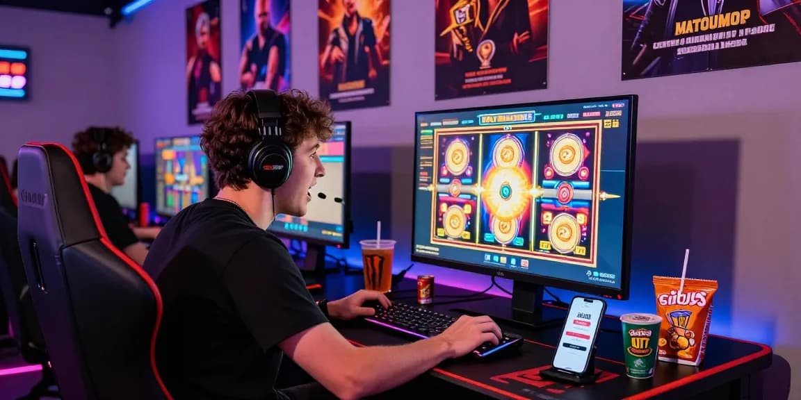 Engaged gamer at modern setup with situs888 login on phone screen, showcasing excitement in online gaming.
