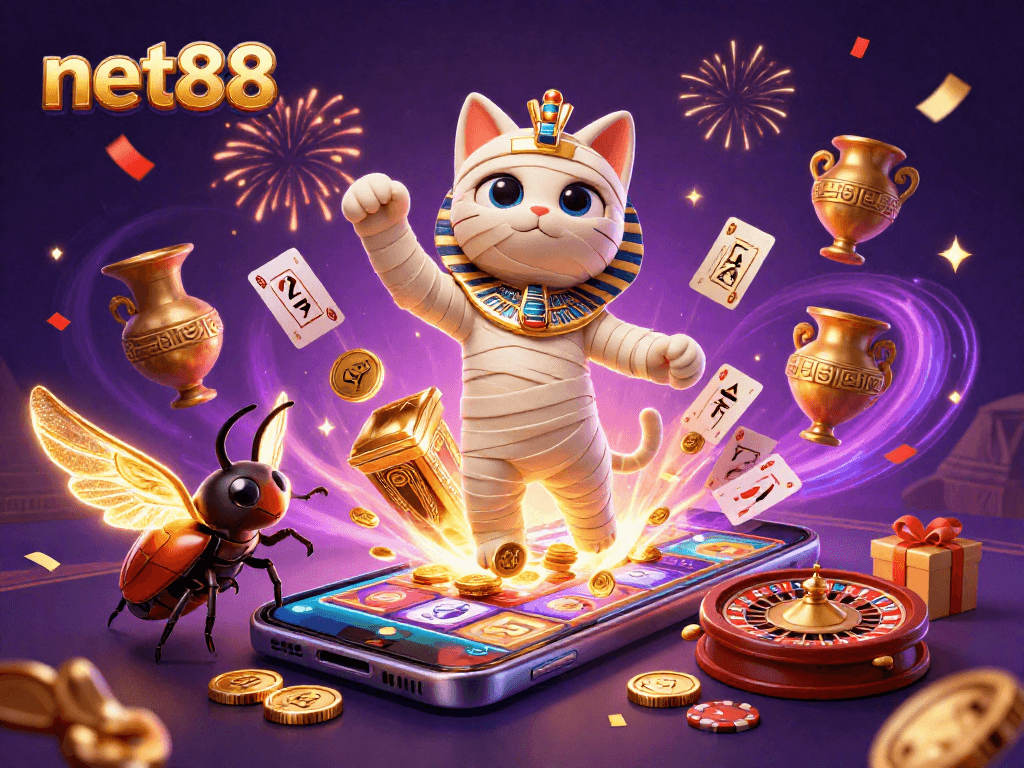 Experience the thrill of net88 with an Egyptian mummy cat and a wealth of casino elements.