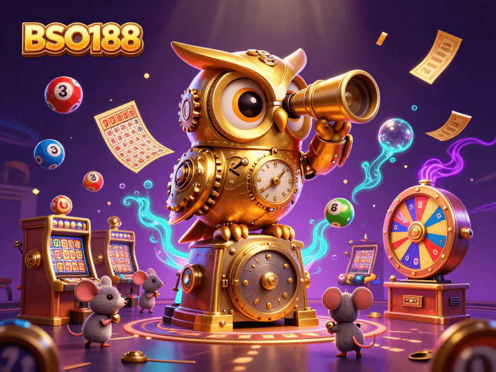 Engage in thrilling gaming at BSO188 with vibrant casino elements and animated characters.