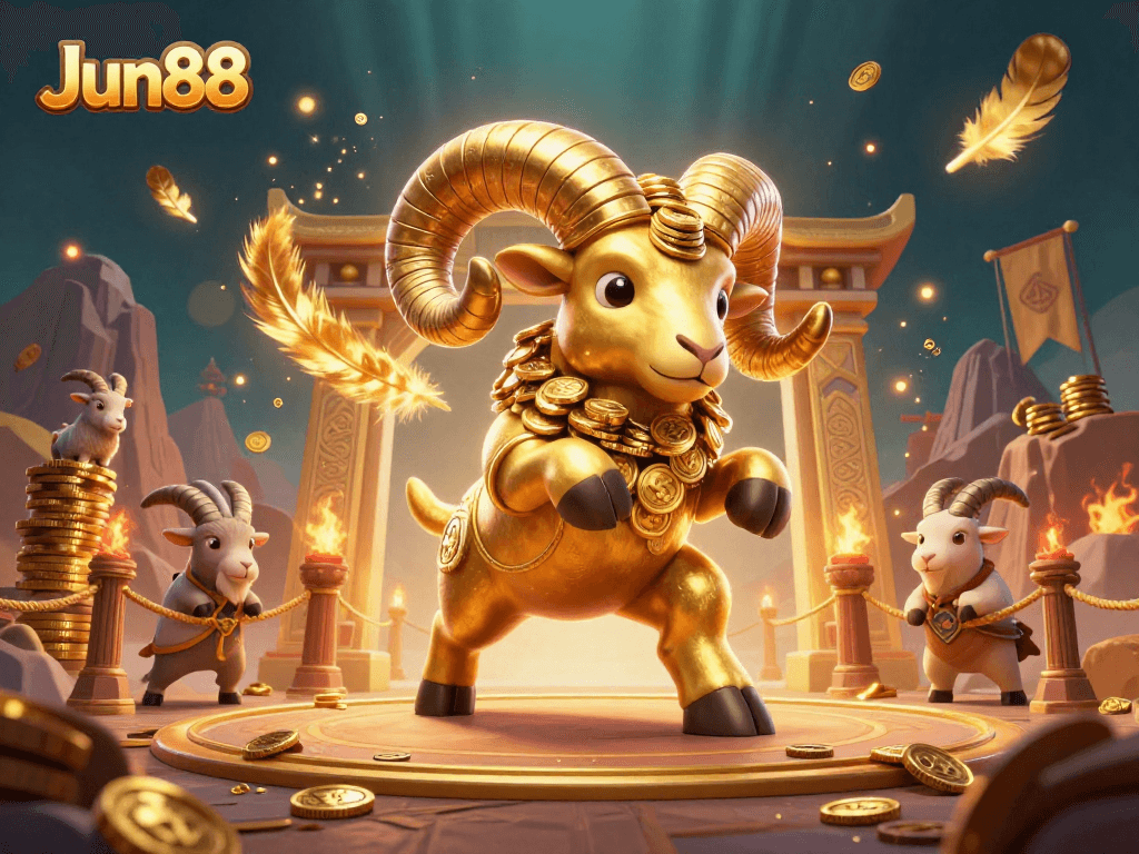 Engage in thrilling gameplay at Jun88 with a vibrant 3D scene featuring a charging golden ram amongst dynamic gambling elements.