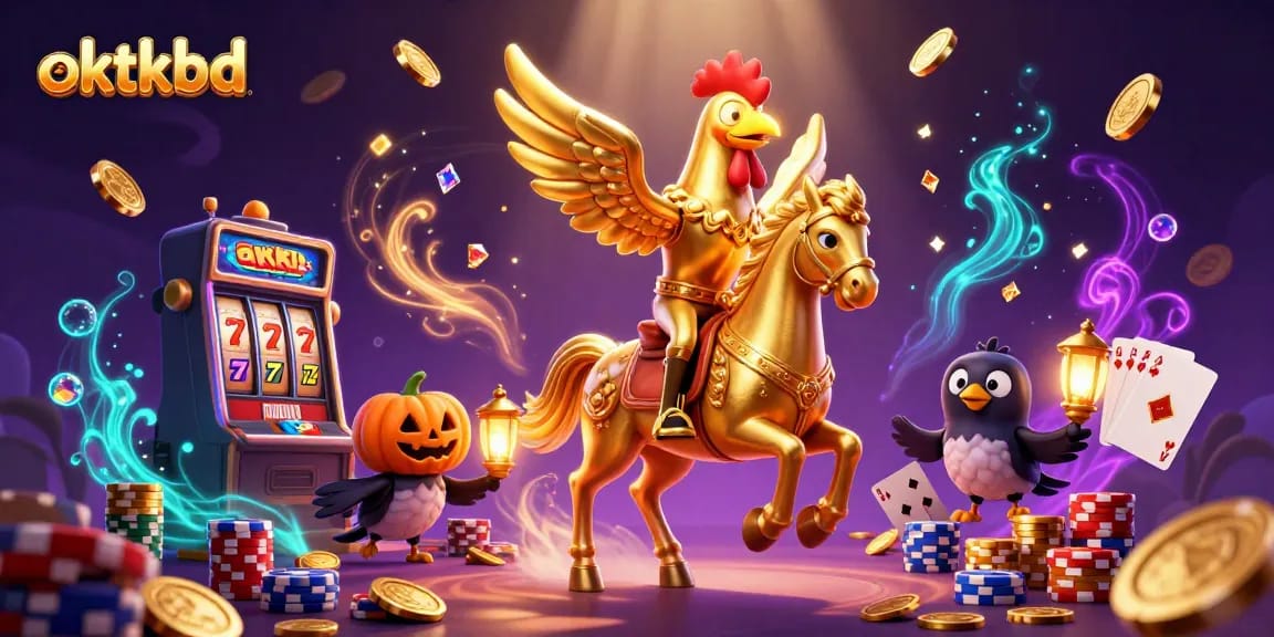 Engage in thrilling slots gameplay with oktkbd's vibrant casino scene featuring a golden rooster and dynamic symbols.
