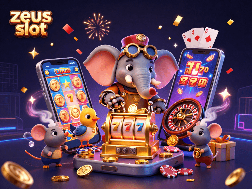 Menangkan jackpot di zeus slot dengan ilustrasi ceria yang menggambarkan slot, kartu, dan koin emas.