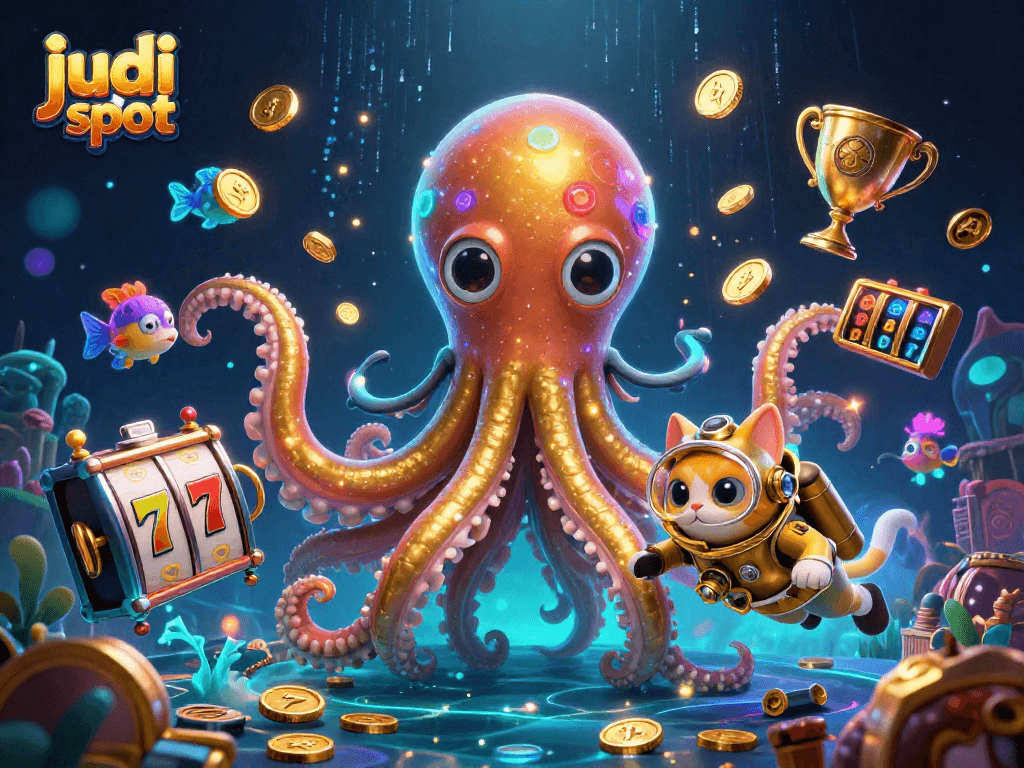 Menggoda judi slot dengan visual menarik bersamaan karakter kraken dan kucing penyelam.