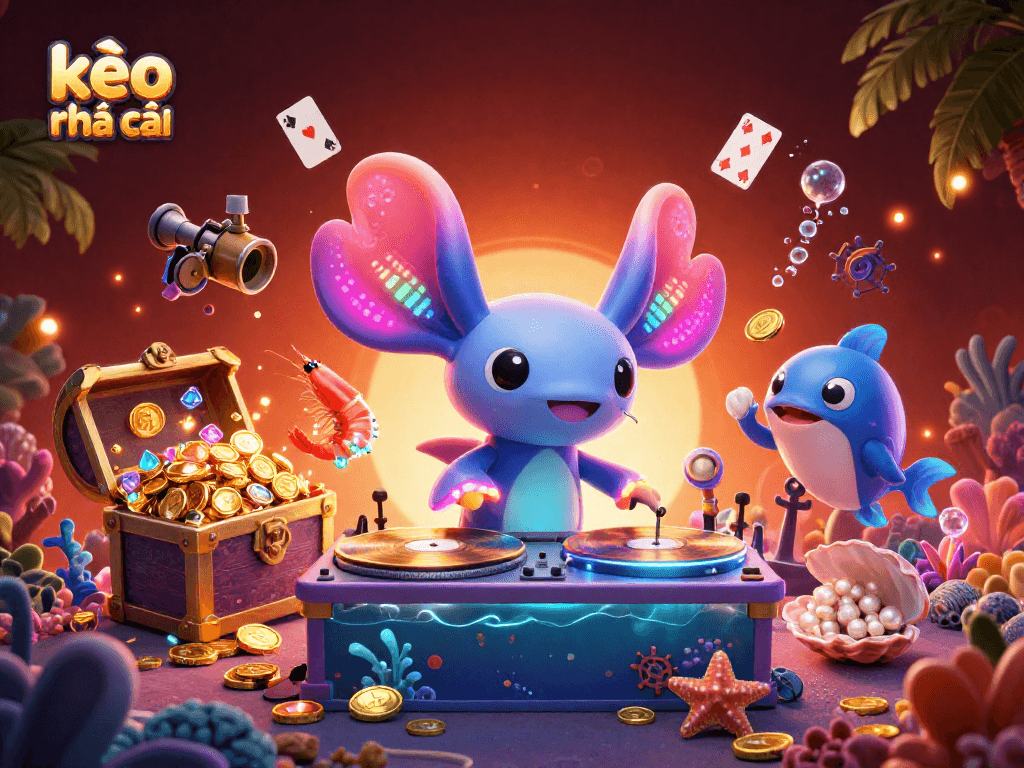 Join the excitement of kèo nhà cái with dynamic underwater casino-themed illustration featuring vibrant characters and treasures.