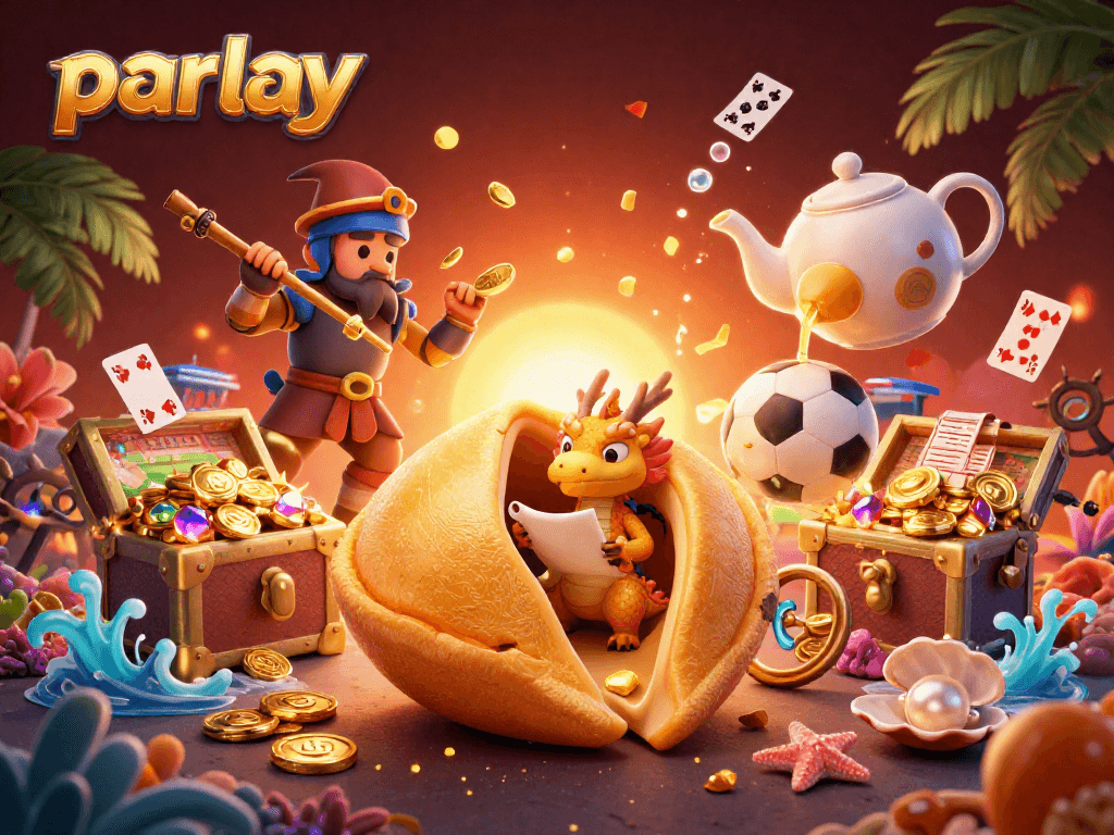 Bet on parlay strategies with a dynamic sports betting illustration featuring golden dragon and treasure elements.