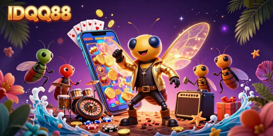 Experience thrilling wins with IDQQ88 in this vibrant casino illustration featuring lively characters and exciting game elements.