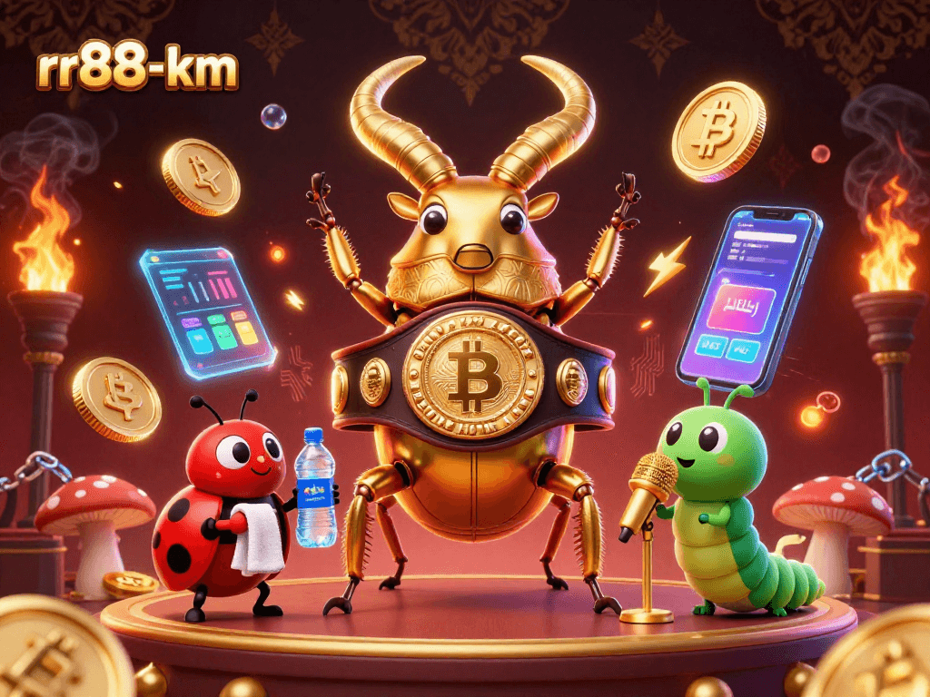 Engage with rr88-km in an exciting gambling scene featuring animated characters and crypto elements.