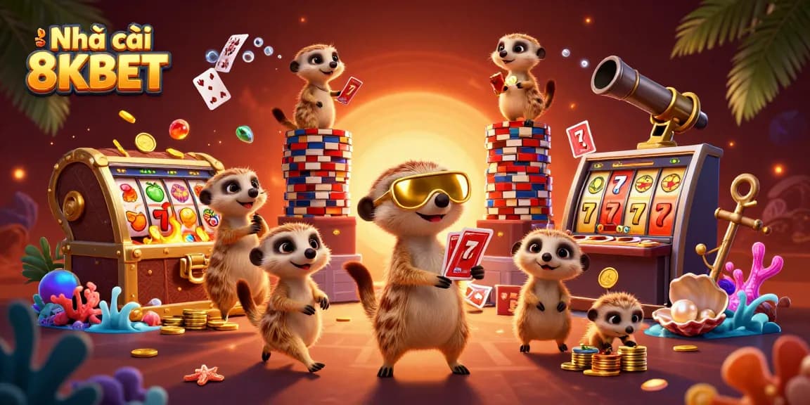 Engage in thrilling gaming at Nhà cái 8KBET with charming meerkats managing a vibrant casino.
