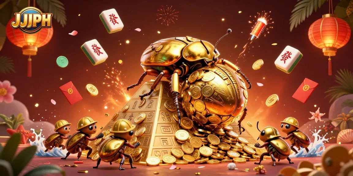 Experience JJJPH's vibrant gaming scene featuring golden dung beetles and casino symbols.