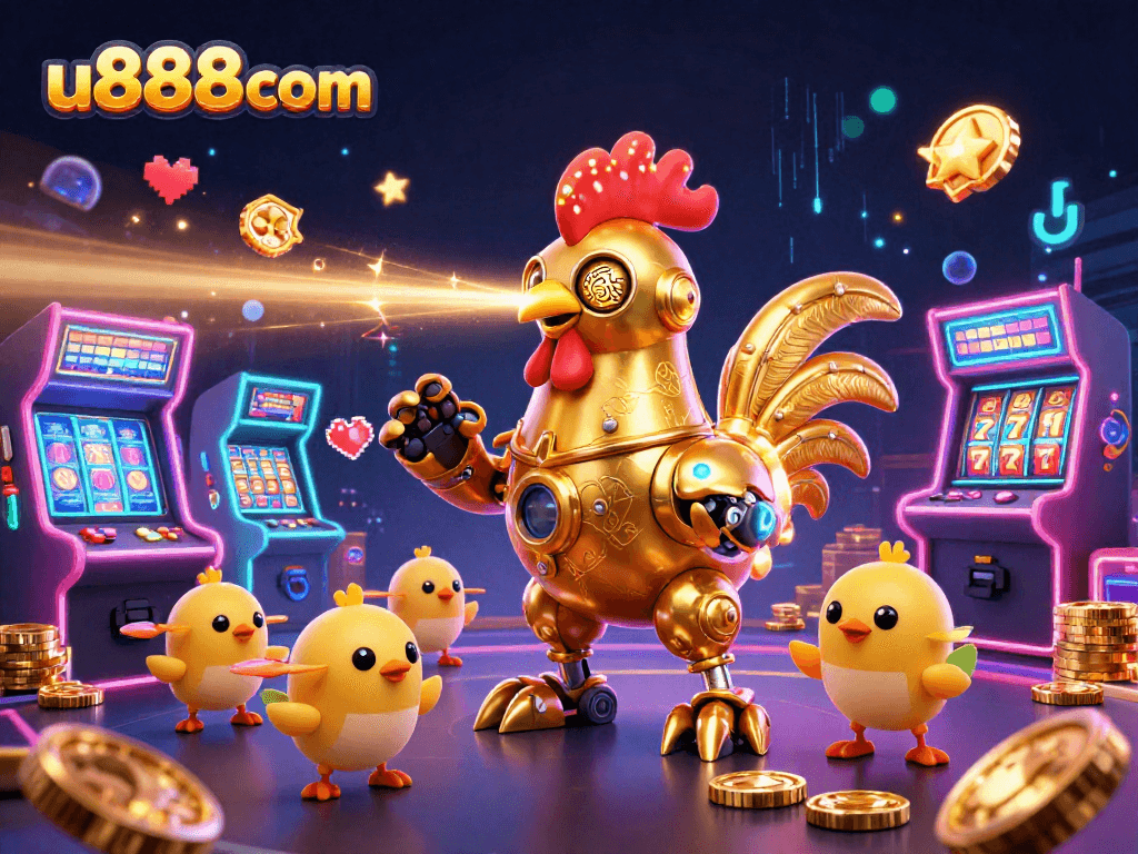 Experience thrilling gameplay with u888com's dynamic casino scene featuring a golden rooster robot and arcade elements.