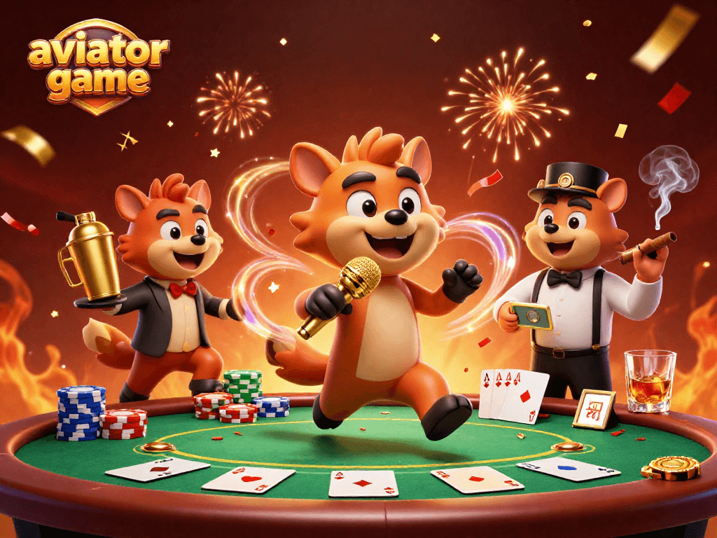 Experience the thrilling aviator game in a vibrant casino scene with animated hyenas entertaining patrons.