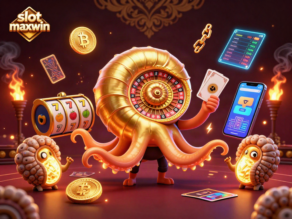 Win big with slot maxwin in an energetic scene featuring ancient nautilus and glowing cryptocurrency elements.