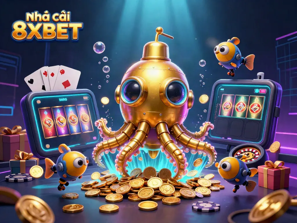 Engage with Nhà cái 8XBET's immersive gaming scene featuring a kraken submarine and slot game