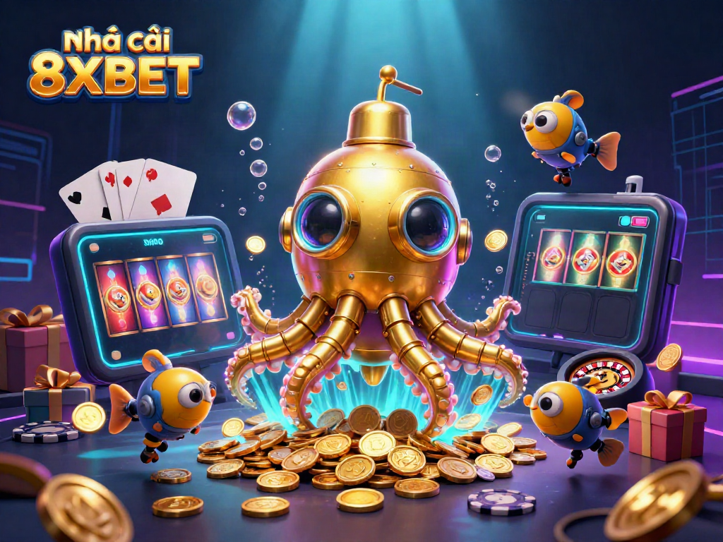 Engage with Nhà cái 8XBET's immersive gaming scene featuring a kraken submarine and slot game