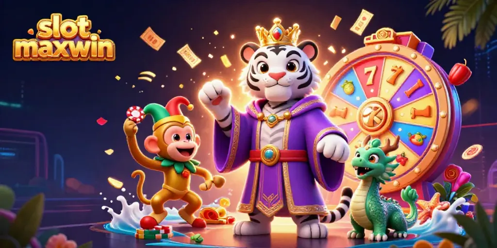 Experience the excitement of slot maxwin with an energetic casino scene featuring a regal tiger and playful monkey.