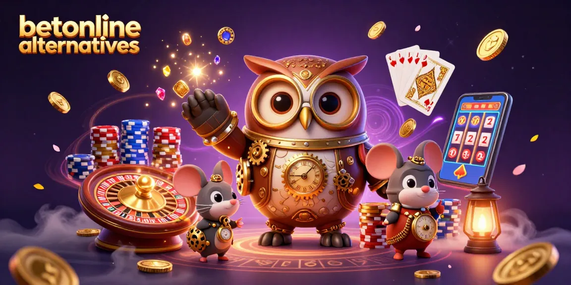 Experience betonline alternatives with a vibrant casino scene showcasing an owl in steampunk gear.