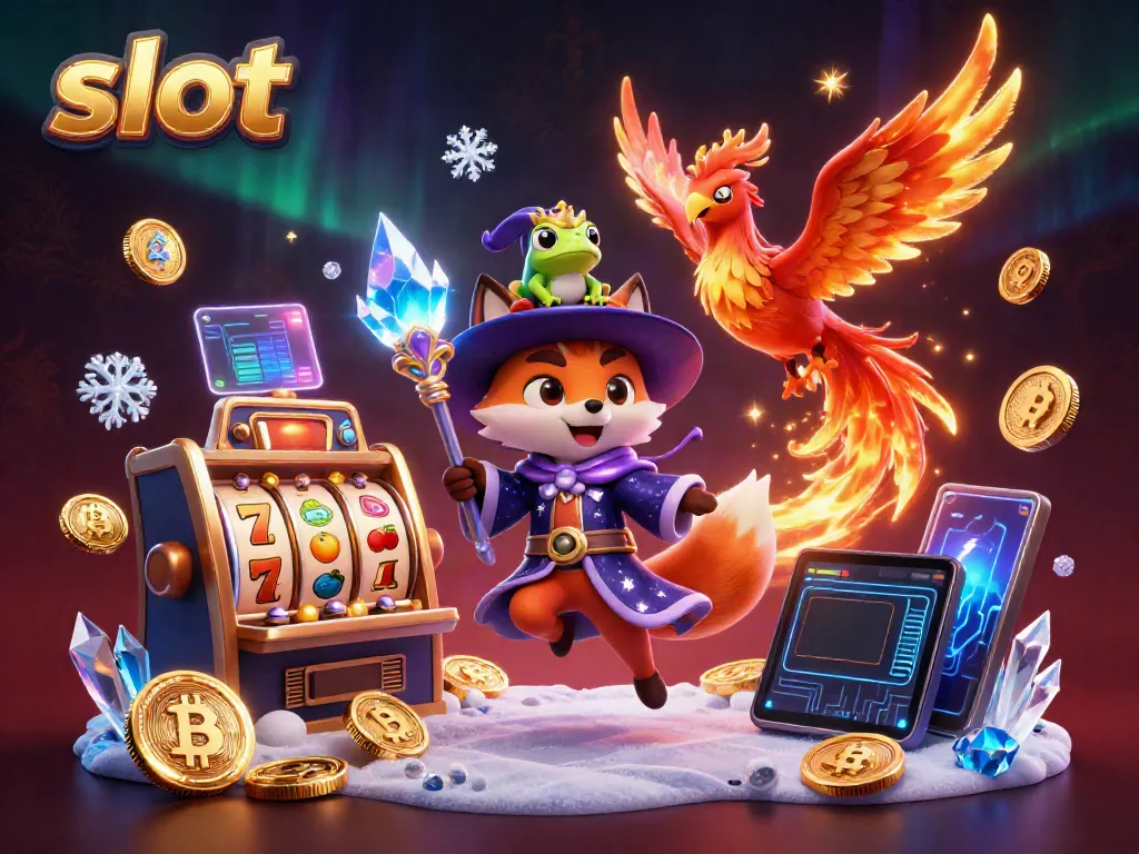 Slot mesin dengan simbol keberuntungan di visual 3D yang kaya dan cerah.