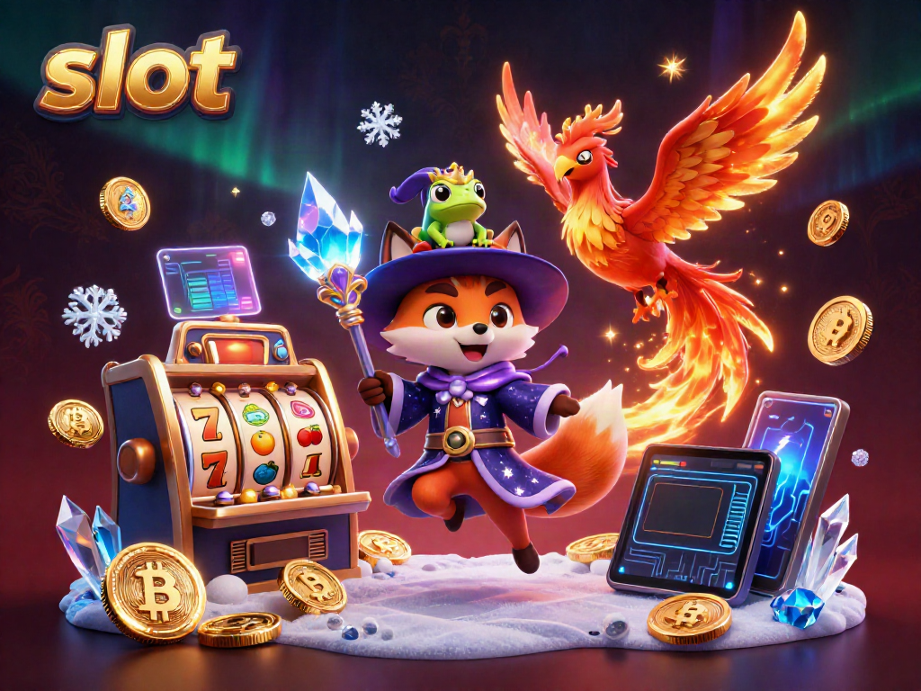 Slot mesin dengan simbol keberuntungan di visual 3D yang kaya dan cerah.