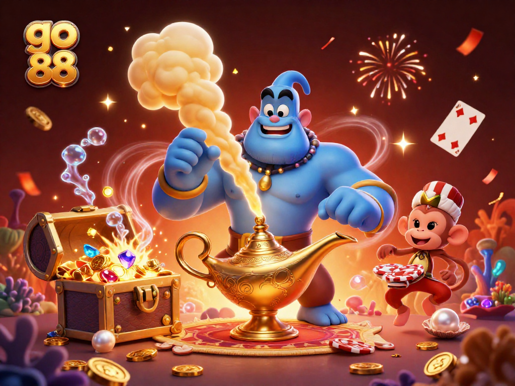 Experience the excitement of go 88 with this dynamic casino-themed 3D illustration featuring vibrant characters and magical elements.