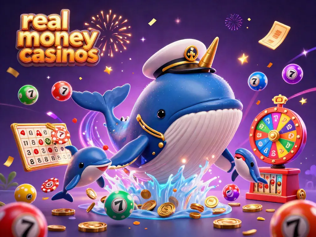 Engage with real money casinos featuring a giant whale, narwhal, and playful dolphins amid vibrant gaming symbols.