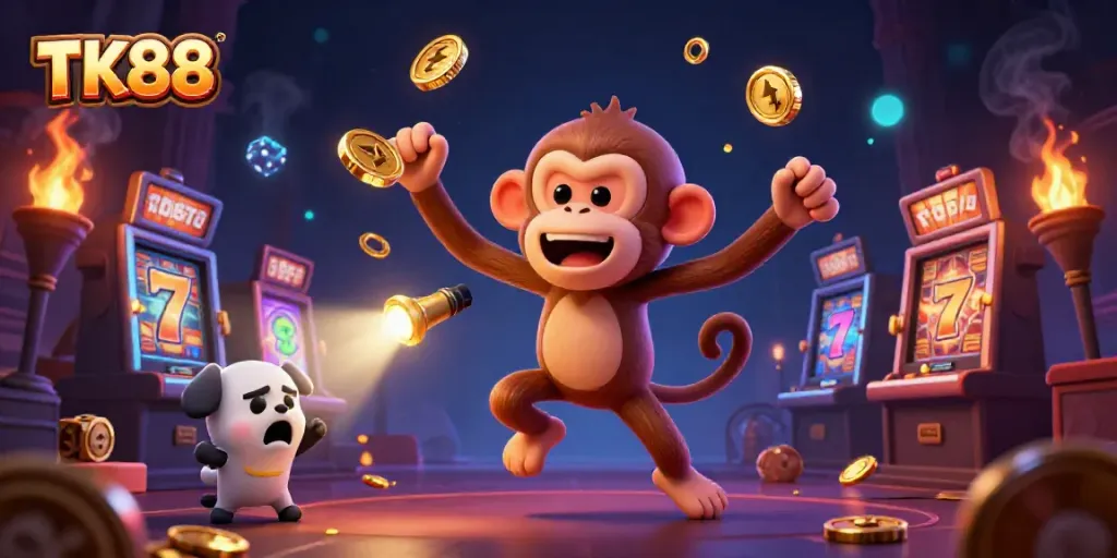 Engaging scene of TK88 with playful poltergeist monkey juggling golden casino items and a puppy hunter.