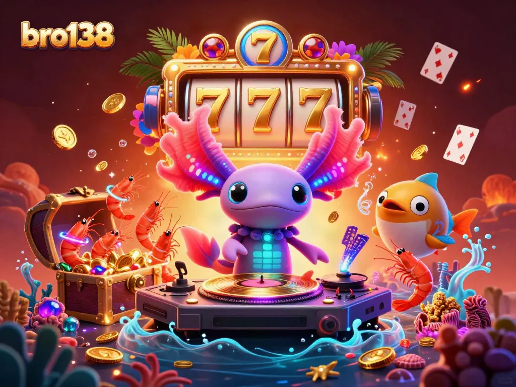 Spin the slots with bro138 in this vibrant underwater casino scene featuring lively characters.