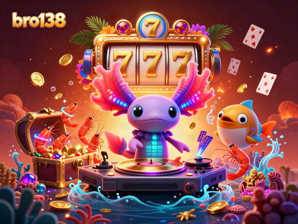 Spin the slots with bro138 in this vibrant underwater casino scene featuring lively characters.