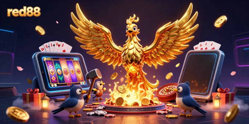 Experience the excitement of red88 with a golden phoenix and dynamic casino elements.