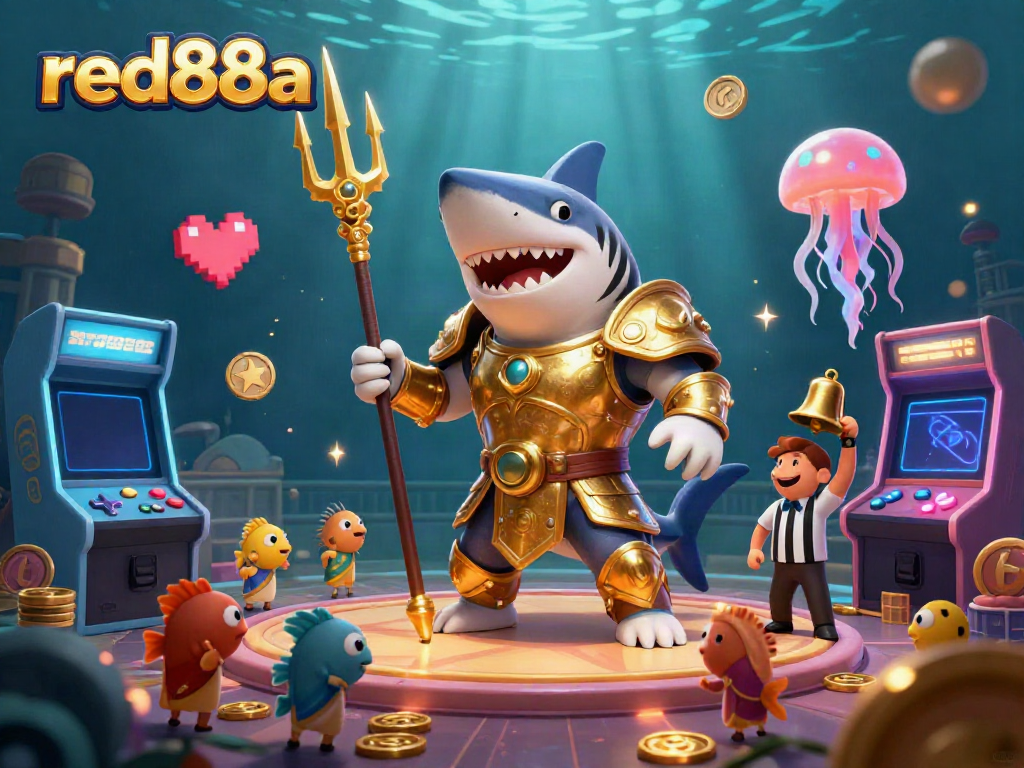 Engage with the energetic scene featuring red88a, where a fierce tiger shark leads the excitement in a vibrant underwater casino.