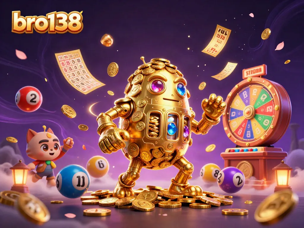 Experience excitement with bro138's golden golem and vibrant casino elements in a dynamic gaming scene.