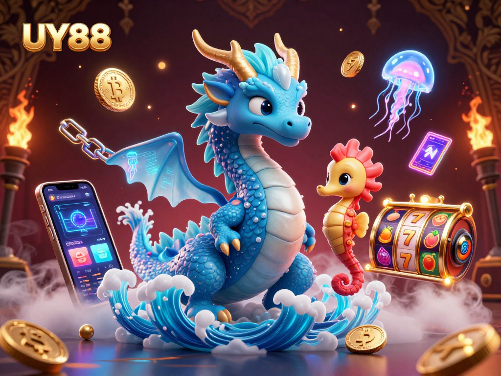 Capture thrilling moments at UY88 with stunning dragon and neon jellyfish in a casino world.
