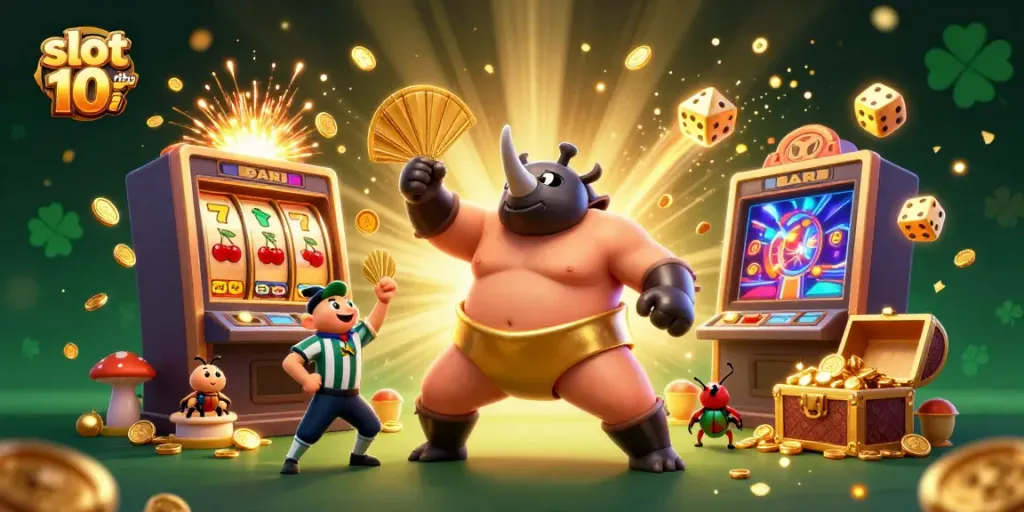 Experience exciting wins with slot 10 ribu featuring a lively 3D casino scene of a sumo champion.