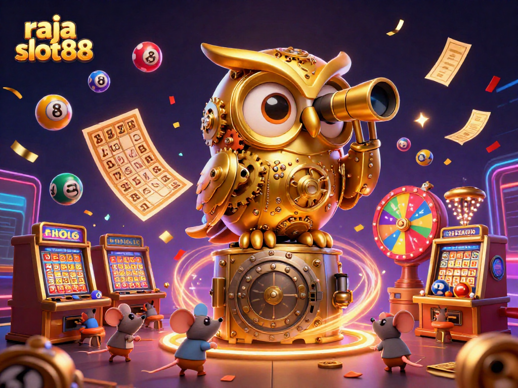 Engage with raja slot88 as the golden owl watches slot machines and lottery fun unfold.