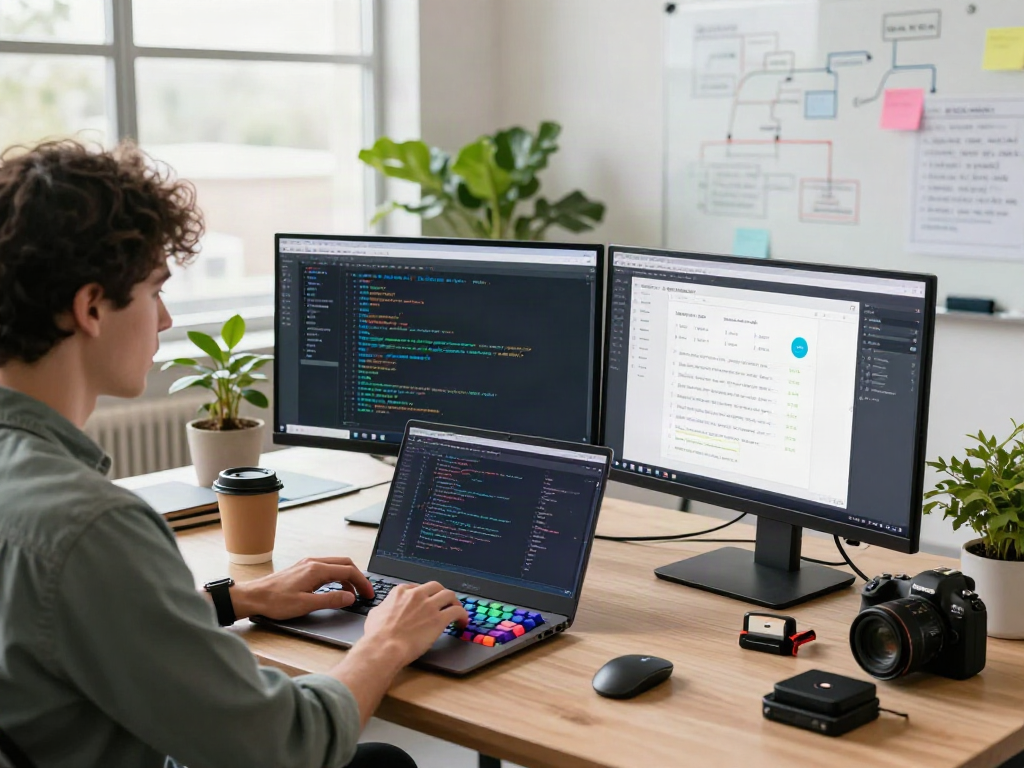 Developer coding on a laptop with a focus on pikashow apk in a vibrant workspace.