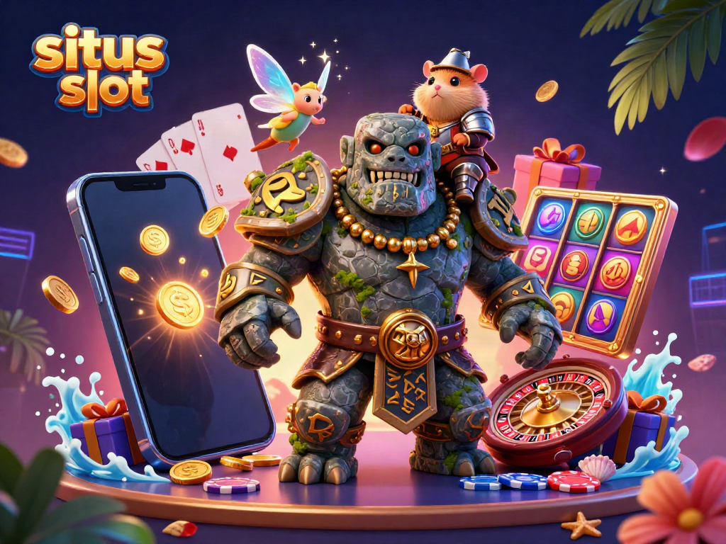 Engage with situs slot through vibrant 3D illustration of a golem, fairy, and hamster knight amidst dynamic gaming elements.