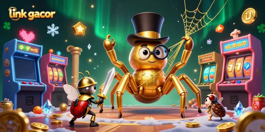 Spin to win with link gacor as a golden tarantula weaves its web in a vibrant casino scene.