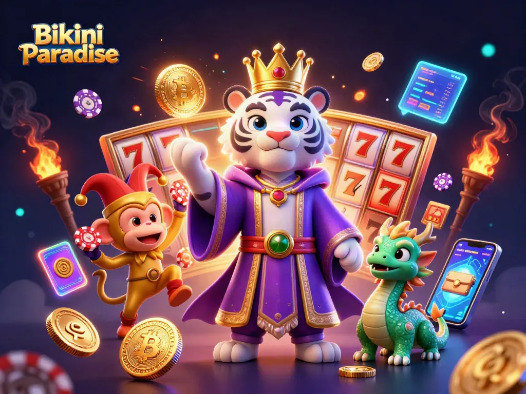 Bikini Paradise showcases a vibrant 3D scene with a tiger, monkey, and jade dragon amidst casino elements.