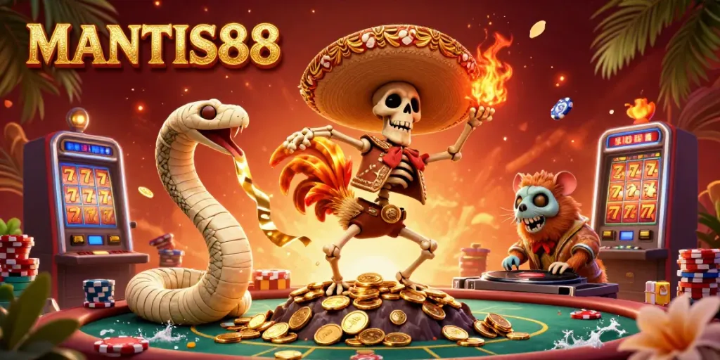 MANTIS88 showcases an exciting casino scene with a dancing mariachi rooster, a mummy snake, and a DJ hamster celebrating on golden coins.