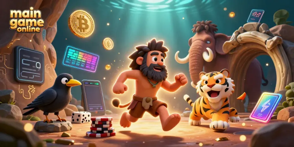 Engage in the main game online with a lively prehistoric casino scene featuring dynamic characters and crypto elements.
