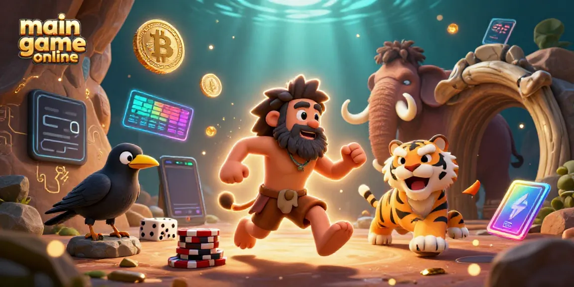 Engage in the main game online with a lively prehistoric casino scene featuring dynamic characters and crypto elements.