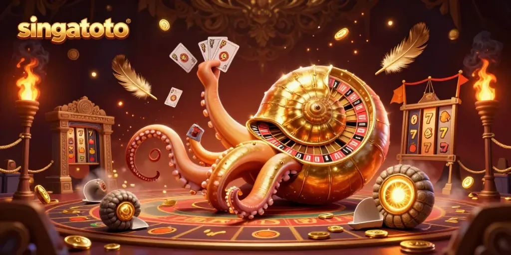 Experience the thrill of singatoto with the nautilus roulette wheel and glowing cards in a vibrant casino setting.
