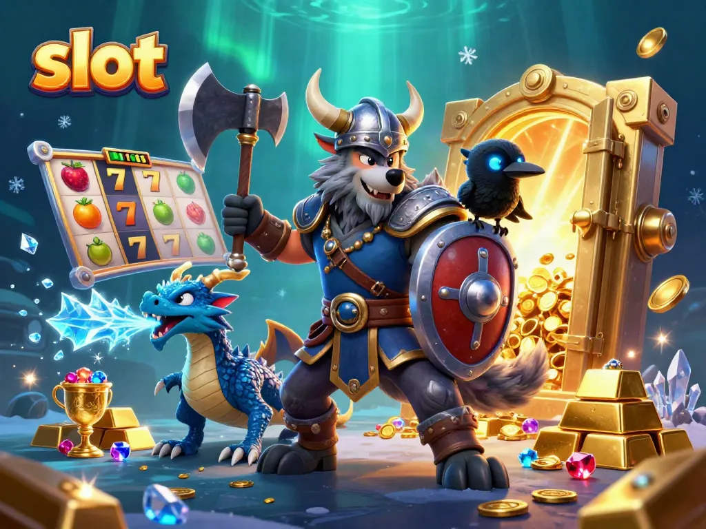 Viking wolf warrior spins the slot reels for the jackpot with treasures and gems