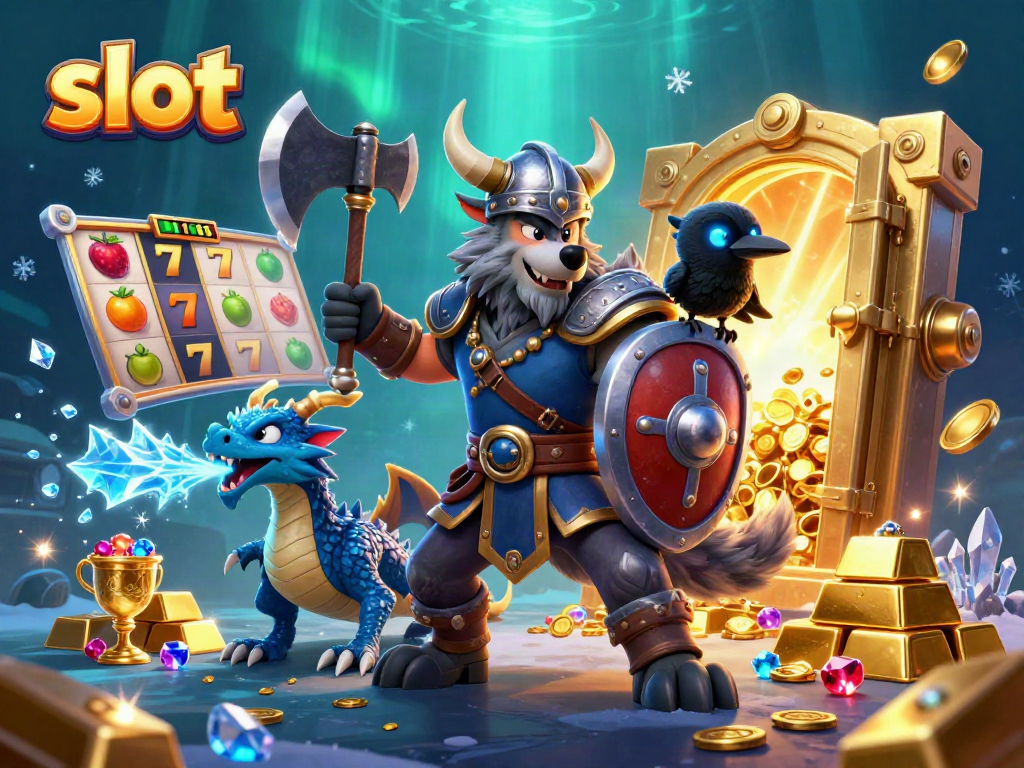 Viking wolf warrior spins the slot reels for the jackpot with treasures and gems