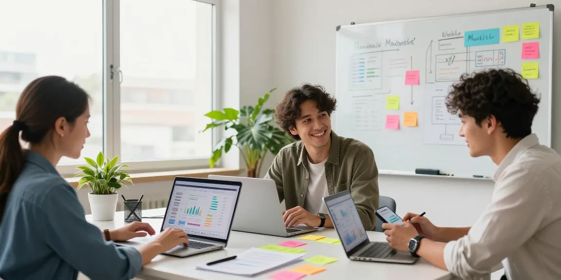 Buy app downloads team brainstorming marketing strategies in a vibrant office.